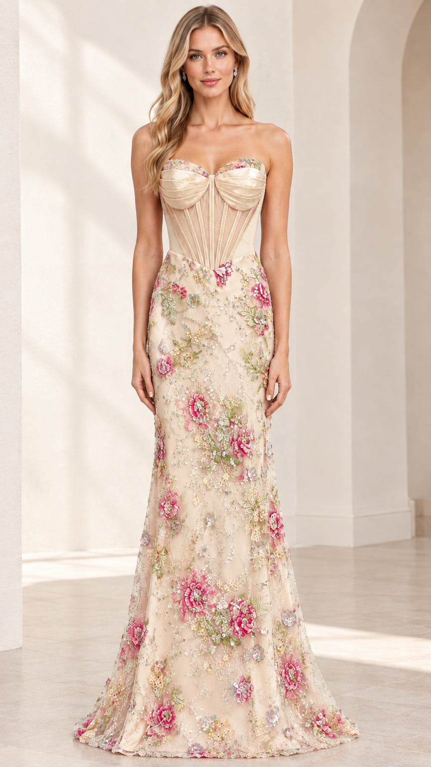 Front view of woman wearing champagne strapless corset evening gown with floral embellishments