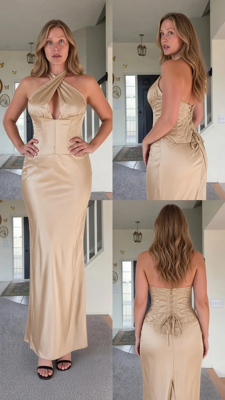 Front, side, and back view of woman wearing champagne gold cross halter top and maxi skirt set