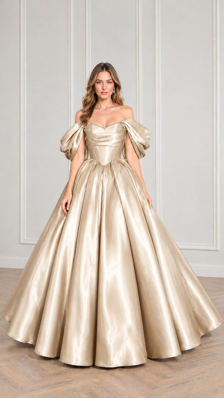 Front view of champagne gold satin off-the-shoulder corset ball gown