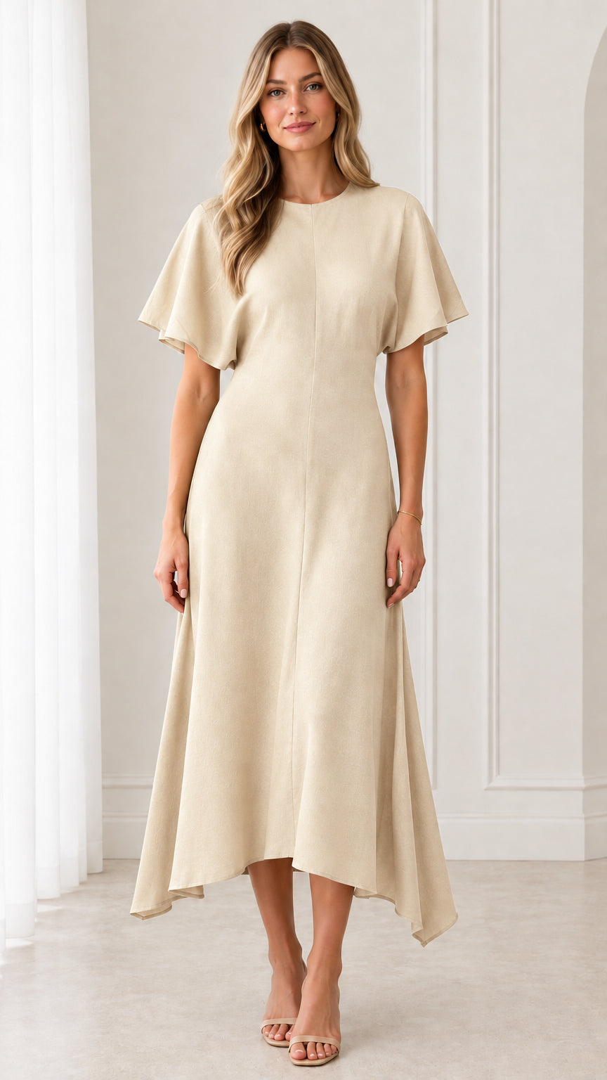 Champagne cream flutter sleeve asymmetrical hem midi dress