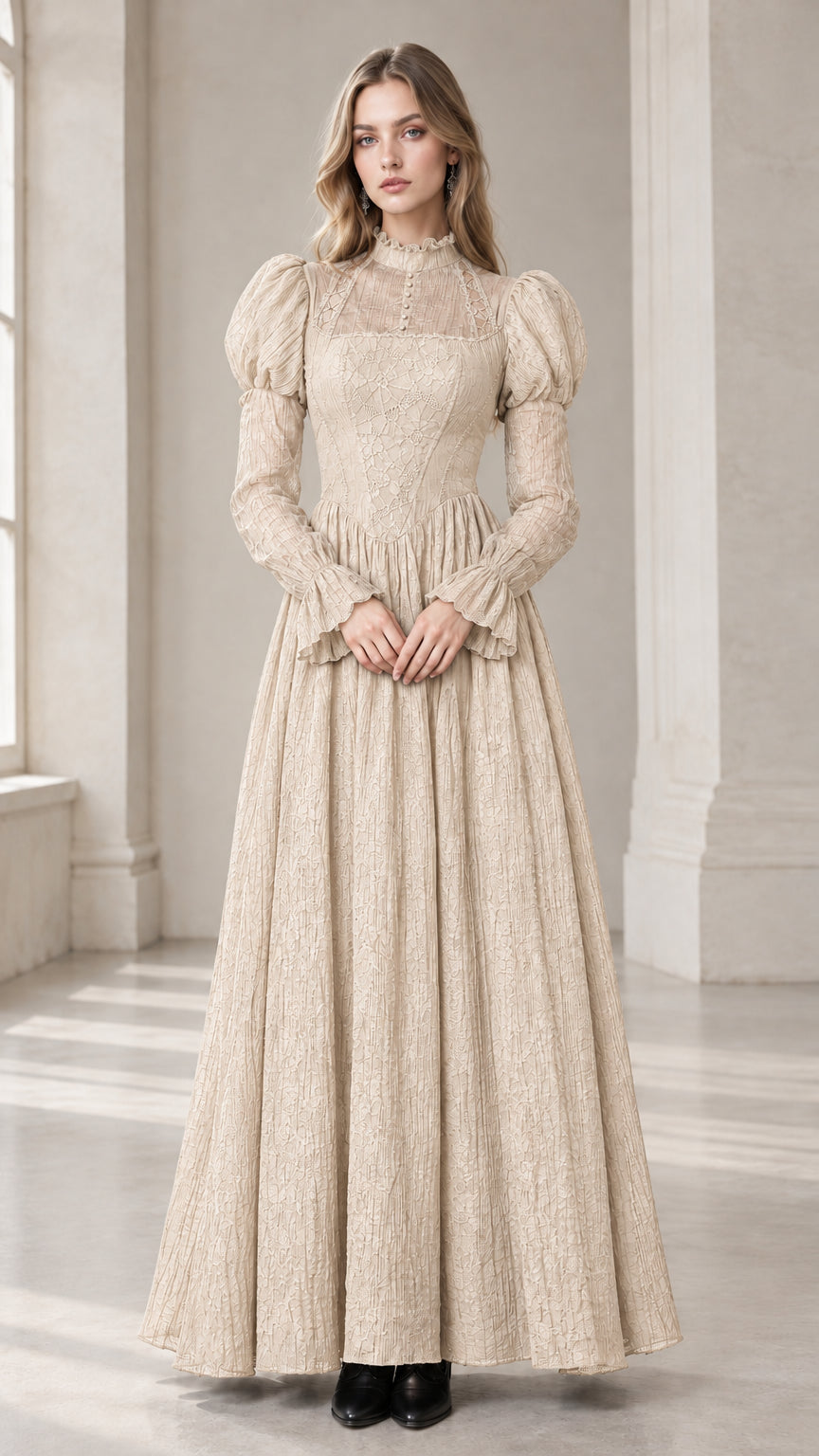 Champagne beige Victorian mock neck puff sleeve lace maxi dress