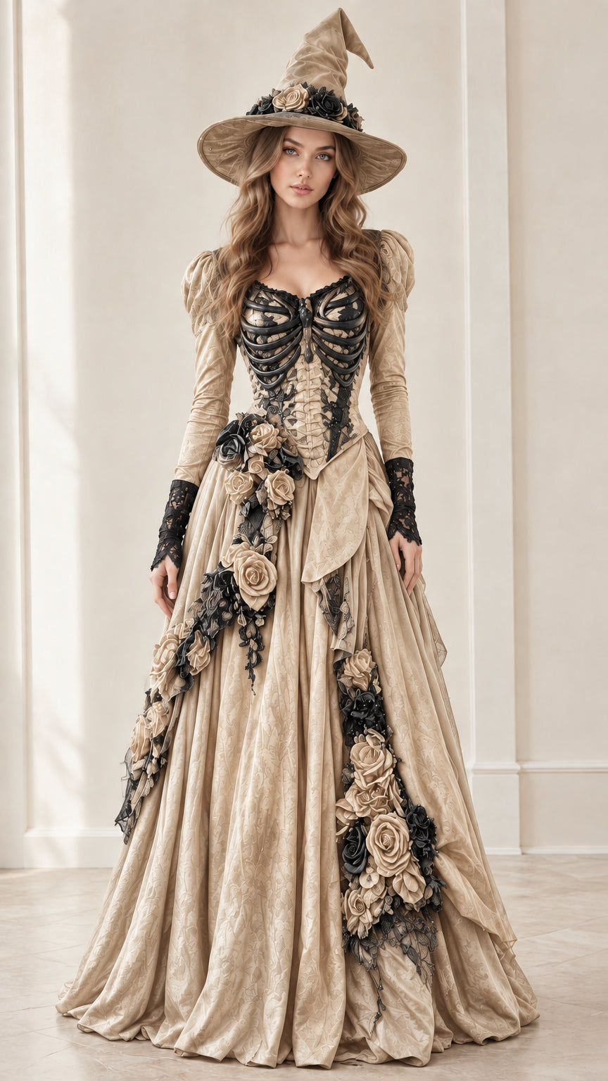 Champagne beige and black gothic skeleton witch ball gown with matching hat