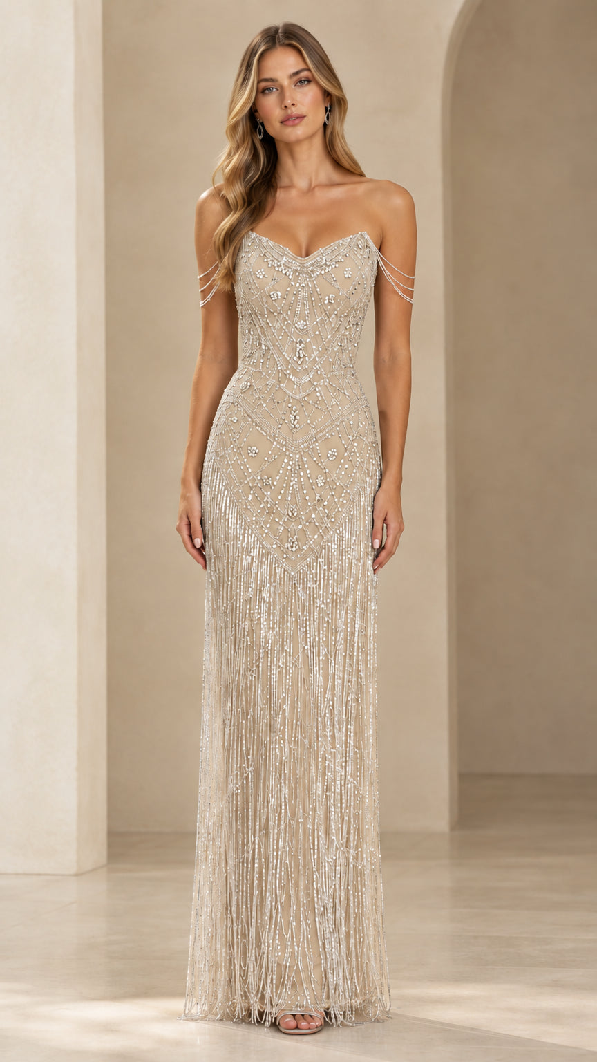 Front view of model wearing a champagne gold beaded fringe sweetheart gown